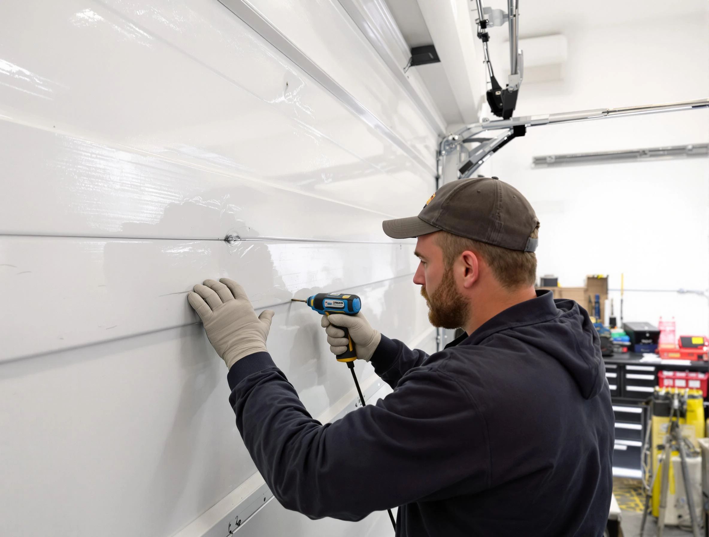 Greenbrier Garage Door Repair technician demonstrating precision dent removal techniques on a Greenbrier garage door